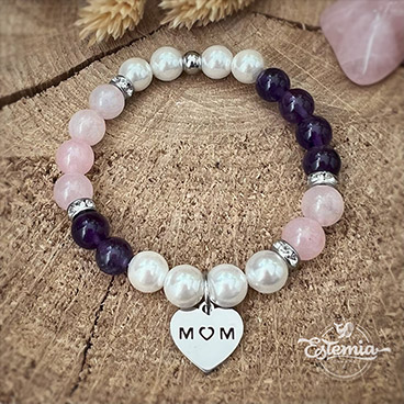 Náramek pro maminku z růženínu, ametystu a perel, se srdíčkem z chirurgické oceli