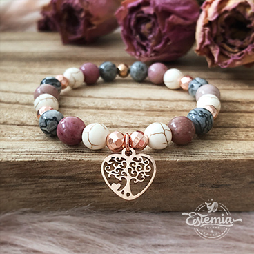 Minerální náramek z bílého tyrkysu, rodochrozitu, jaspisu a hematitu, se stromem života v srdci