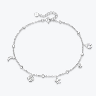 Stříbrný řetízek na nohu s přívěsky se zirkony - měsíc, čtyřlístek, hvězda, kapka - Ag925