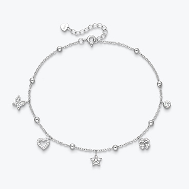 Stříbrný řetízek na nohu s přívěsky se zirkony - motýl, srdíčko, hvězda, čtyřlístek - Ag925