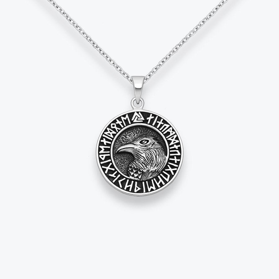 Stříbrný řetízek Havran, runy a valknut - Ag925