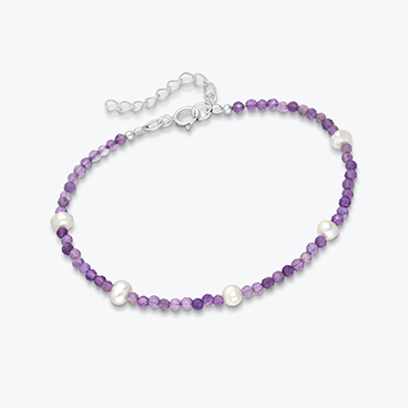 Minerální náramek z broušeného ametystu a říčních perel se stříbrným zapínáním - Ag925