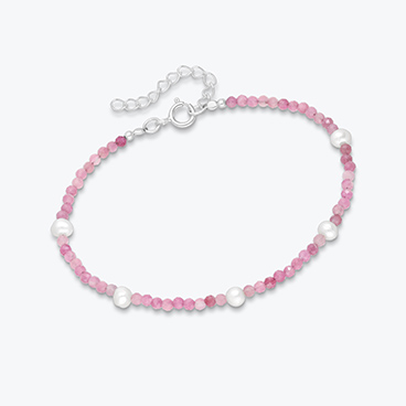 Minerální náramek z broušeného růžového turmalínu a říčních perel se stříbrným zapínáním - Ag925