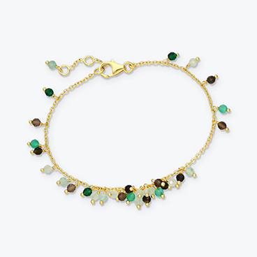 Pozlacený stříbrný náramek s přívěsky jadeitu, prehnitu, avanturínu, kočičího oka, zeleného onyxu a záhnědy - Ag925
