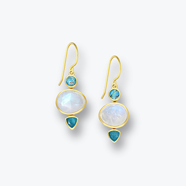 Pozlacené stříbrné náušnice z tyrkysu s mědí, měsíčního kamene a zeleného křišťálu - Ag925