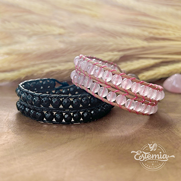 Dvojité minerální wrap náramky pro páry z broušeného onyxu a růženínu