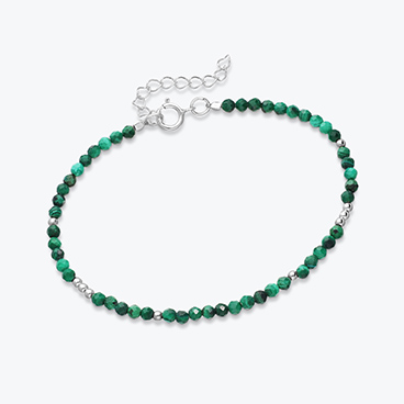 Minerální náramek z broušeného malachitu se stříbrnými korálky - Ag925