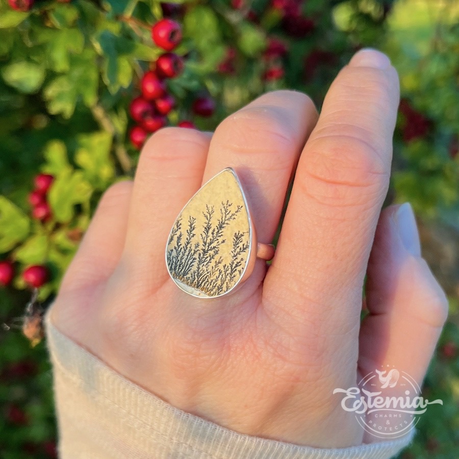 Stříbrný prsten dendritický psilomelan Kapka nastavitelný - Ag925