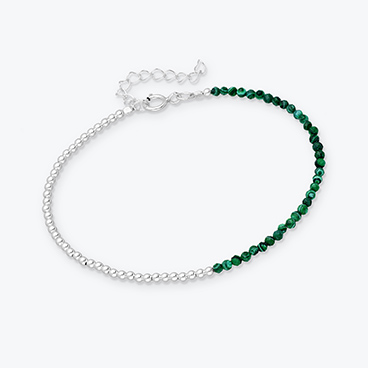 Minerální náramek z broušeného malachitu a stříbrných korálků - Ag925