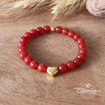 Minerální náramek z karneolu se srdcem z chirurgické oceli gold