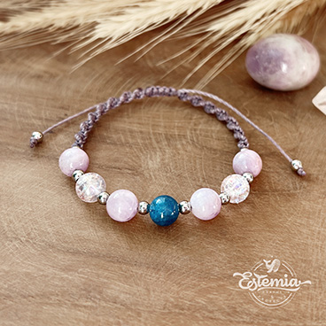 Macramé náramek Kunzit, apatit a praskaný křišťál aura.