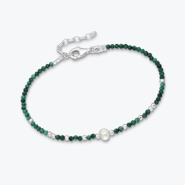 Stříbrný náramek z malachitu, říční perly a stříbrných korálků - Ag925