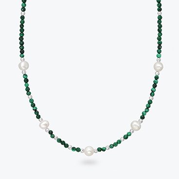 Stříbrný náhrdelník z malachitu, říčních perel a stříbrných korálků - Ag925