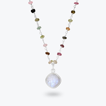 Stříbrný korálkový náhrdelník s turmalínem a měsíčním kamenem - Ag925