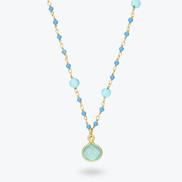 Pozlacený stříbrný korálkový náhrdelník s tyrkysem a chalcedonem - Ag925