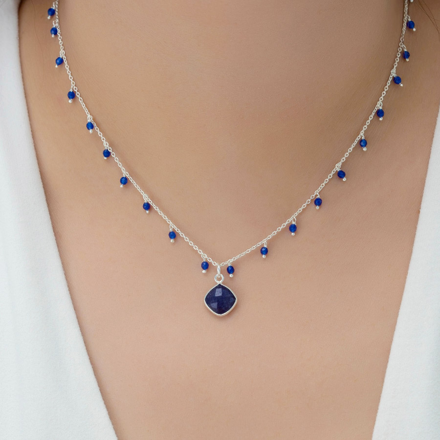 Stříbrný korálkový náhrdelník se safírem a lapis lazuli - Ag925