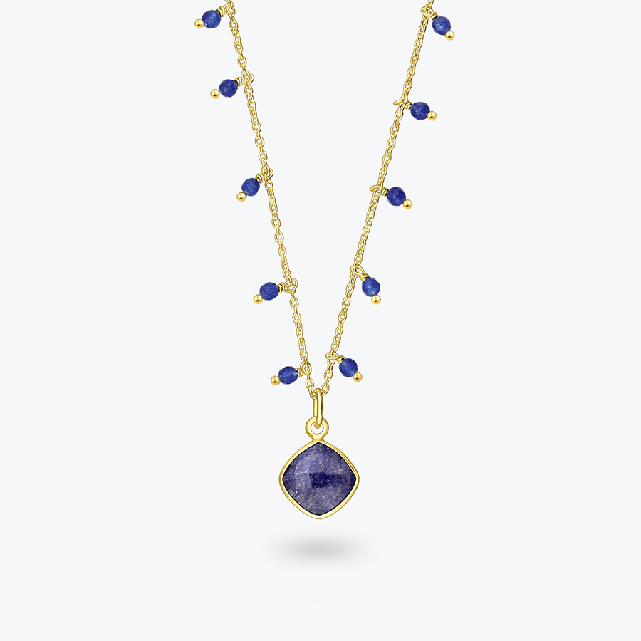 Pozlacený stříbrný korálkový náhrdelník se safírem a lapis lazuli - Ag925
