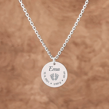 Stříbrný řetízek s gravírováním jména, chodidly, datem narození a mírami dítěte na přání - Ag925
