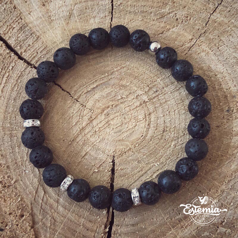 Náramek z lávových kamenů se štrasovými rondelkami z chirurgické oceli